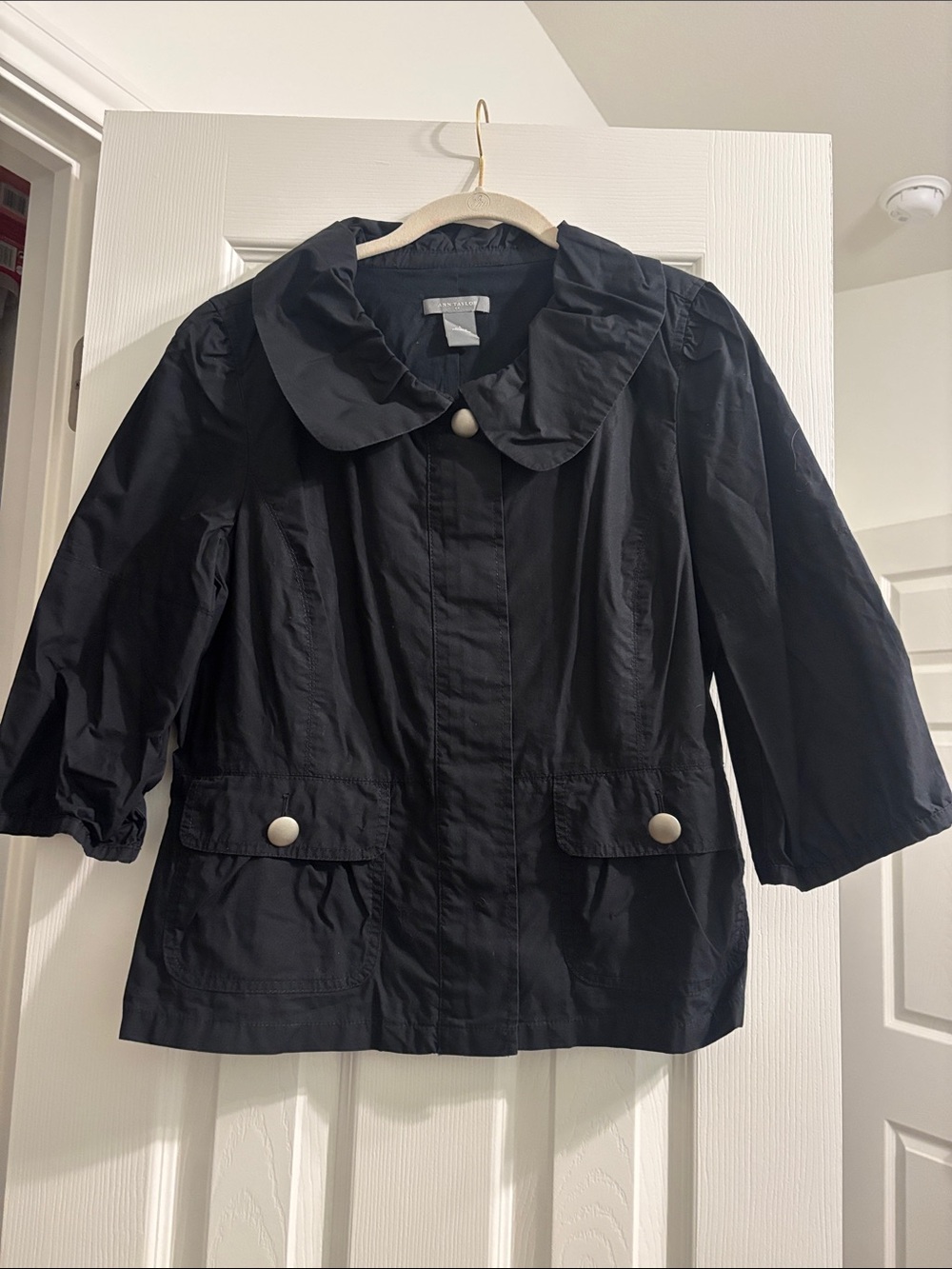 Ann Taylor Black Short Trench with Rounded Collar